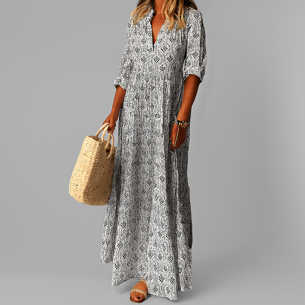 Nina | Mulher Vestido Maxi Algodão Estampa Vintage Manga 3/4