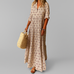 Nina | Mulher Vestido Maxi Algodão Estampa Vintage Manga 3/4