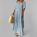 Nina | Mulher Vestido Maxi Algodão Estampa Vintage Manga 3/4