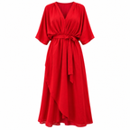 Vestido Midi Mulher | Decote V, Cintura Ajustável | Fluido