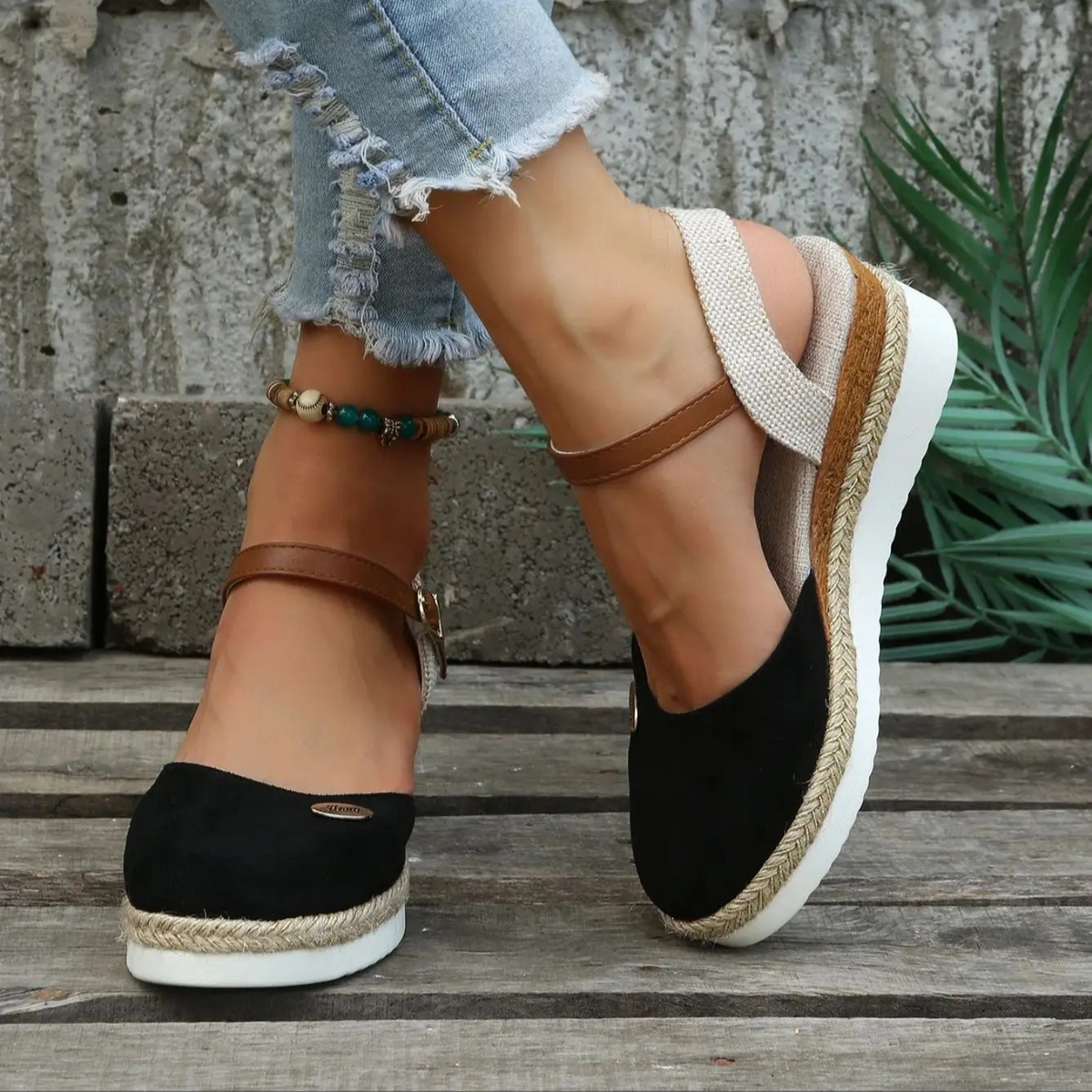 Reva | Sandálias Espadrille Anabela Bico Fechado Slingback