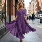 Thalia | Vestido Midi Chiffon Renda Manga Três Quartos