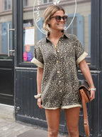 Mulher Macacão Curto Estampado Animal Print Gola Camisa