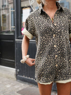 Zara | Mulher Macacão Curto Estampado Leopardo Manga Curta