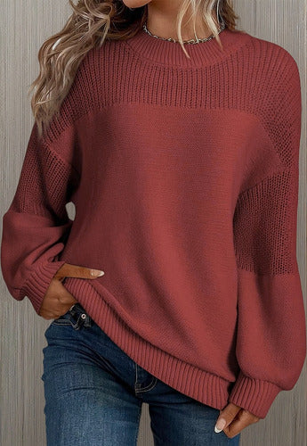 Camisola Feminina Tricotada Mangas Lanterna Detalhes Florais