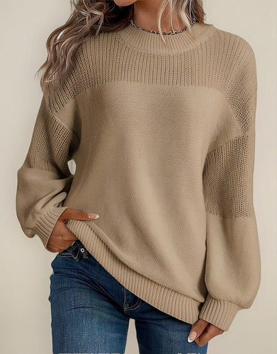 Camisola Feminina Tricotada Mangas Lanterna Detalhes Florais