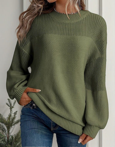Camisola Feminina Tricotada Mangas Lanterna Detalhes Florais
