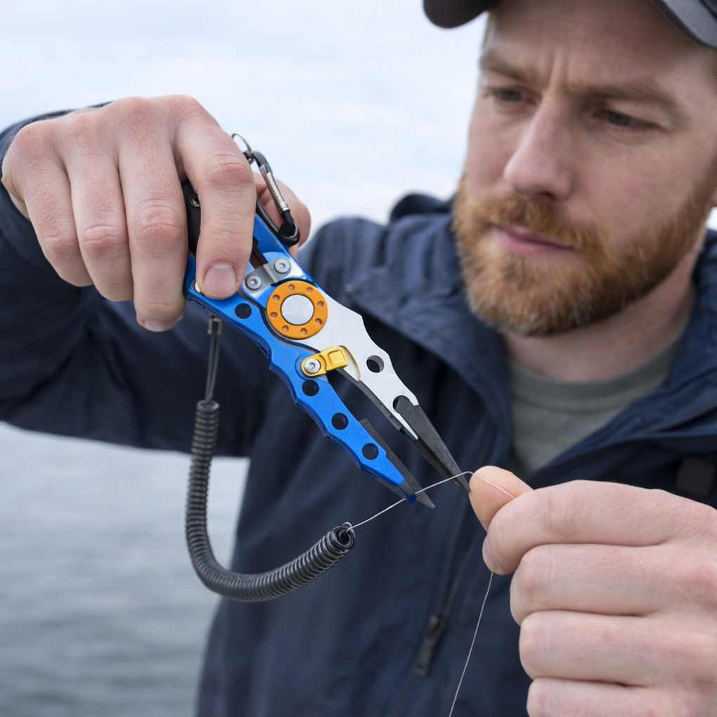 Alicate de pesca em alumínio ergonómico com cortadores de linha integrados