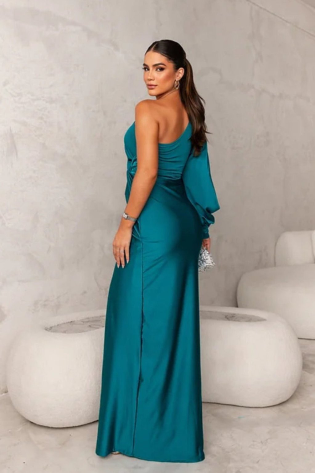 Vestido Maxi Cetim Ombro Único Feminino | Elegância Noturna
