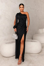 Vestido Maxi Cetim Ombro Único Feminino | Elegância Noturna