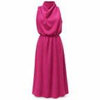 Vestido Midi Feminino Acinturado | Gola Alta Drapeada, Sem Mangas