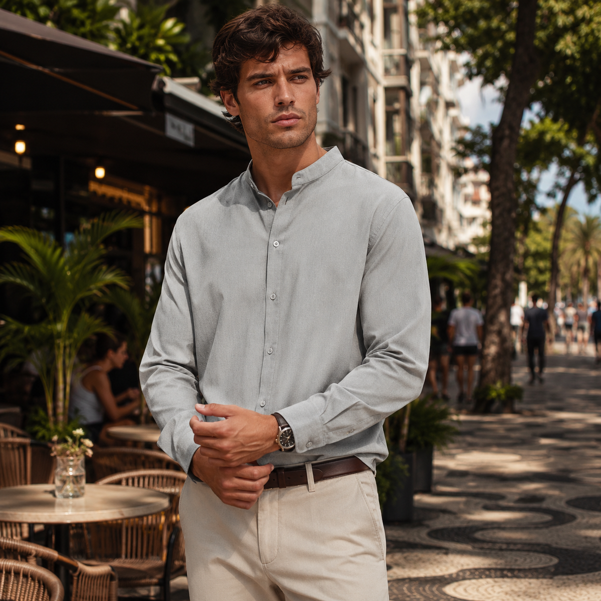 Camisa Masculina Manga Longa Respirável com Botões e Corte Confortável