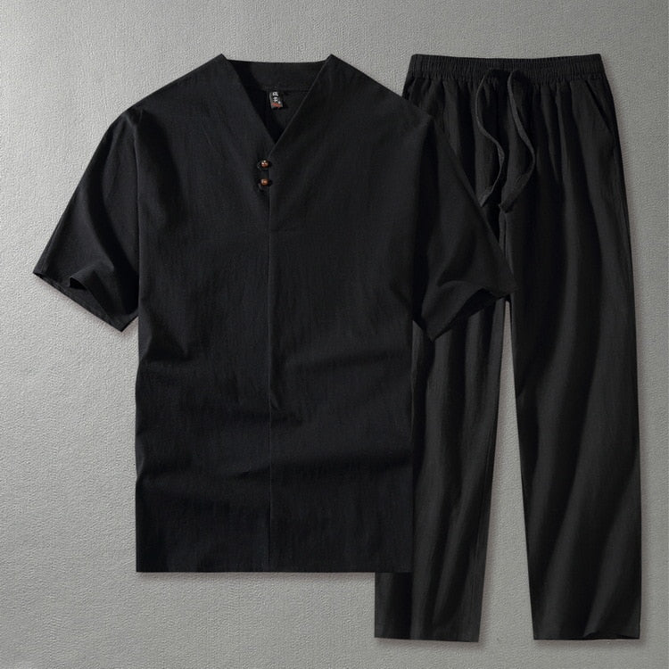 Dione | Conjunto Masculino 2 Peças Linho Calça e Camiseta Gola V