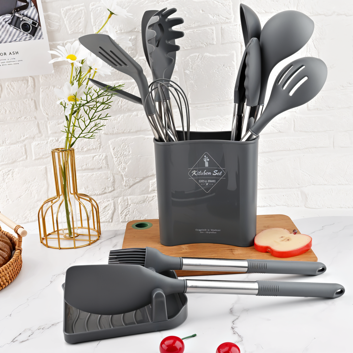 Posy | Conjunto de Utensílios de Cozinha em Silicone | 12 Peças, Resistente ao Calor | Cabo Inox