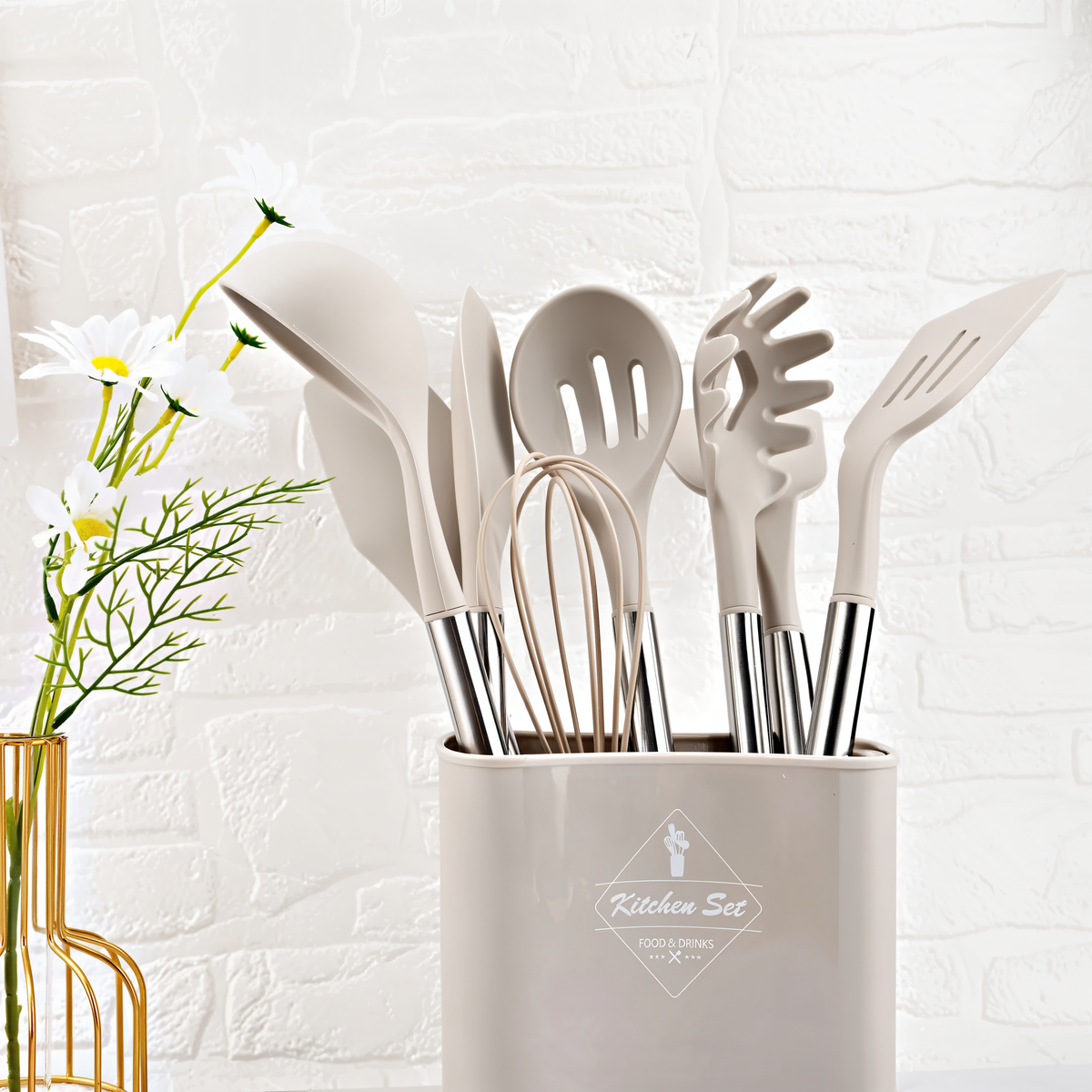 Posy | Conjunto de Utensílios de Cozinha em Silicone | 12 Peças, Resistente ao Calor | Cabo Inox