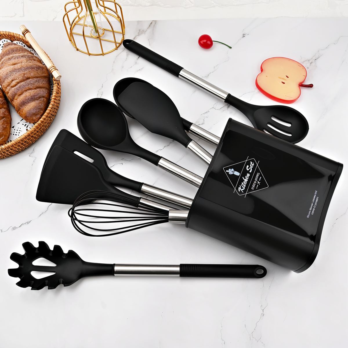 Posy | Conjunto de Utensílios de Cozinha em Silicone | 12 Peças, Resistente ao Calor | Cabo Inox