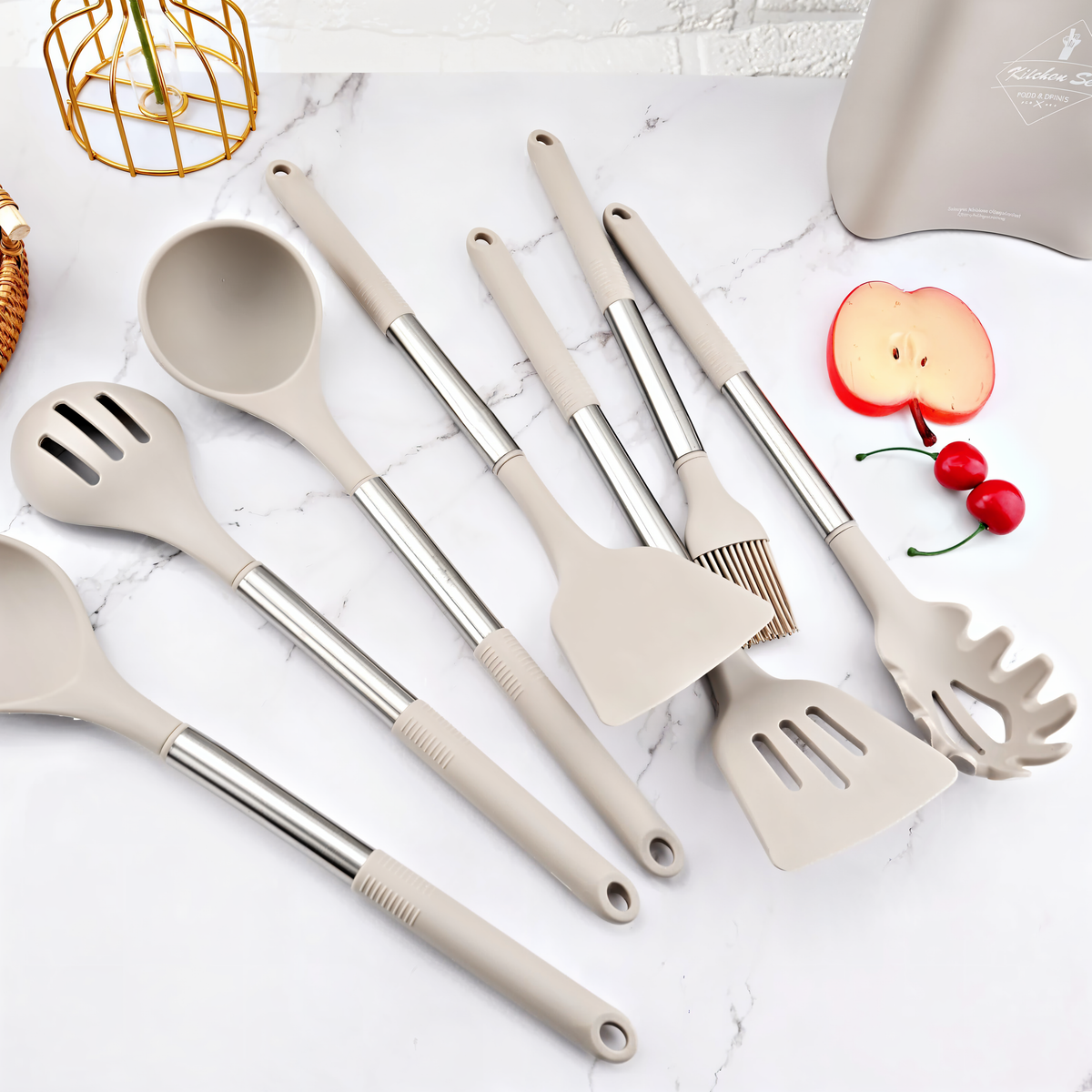 Posy | Conjunto de Utensílios de Cozinha em Silicone | 12 Peças, Resistente ao Calor | Cabo Inox