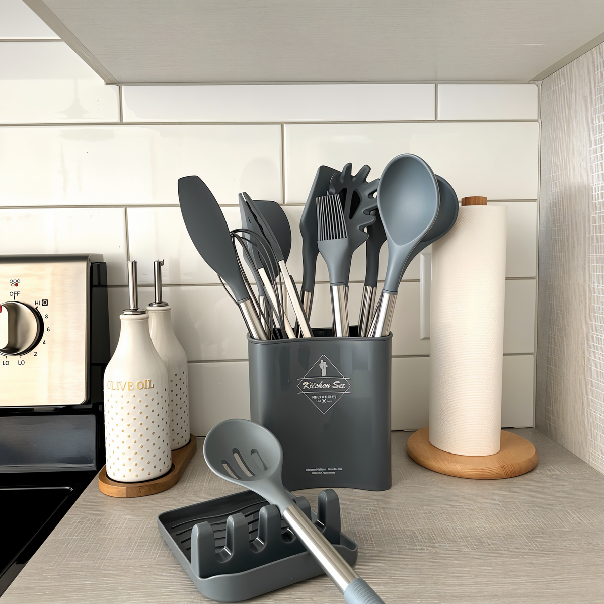 Posy | Conjunto de Utensílios de Cozinha em Silicone | 12 Peças, Resistente ao Calor | Cabo Inox