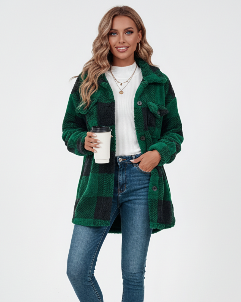 Dione | Mulher Veste Xadrez Peluche Quente Casual