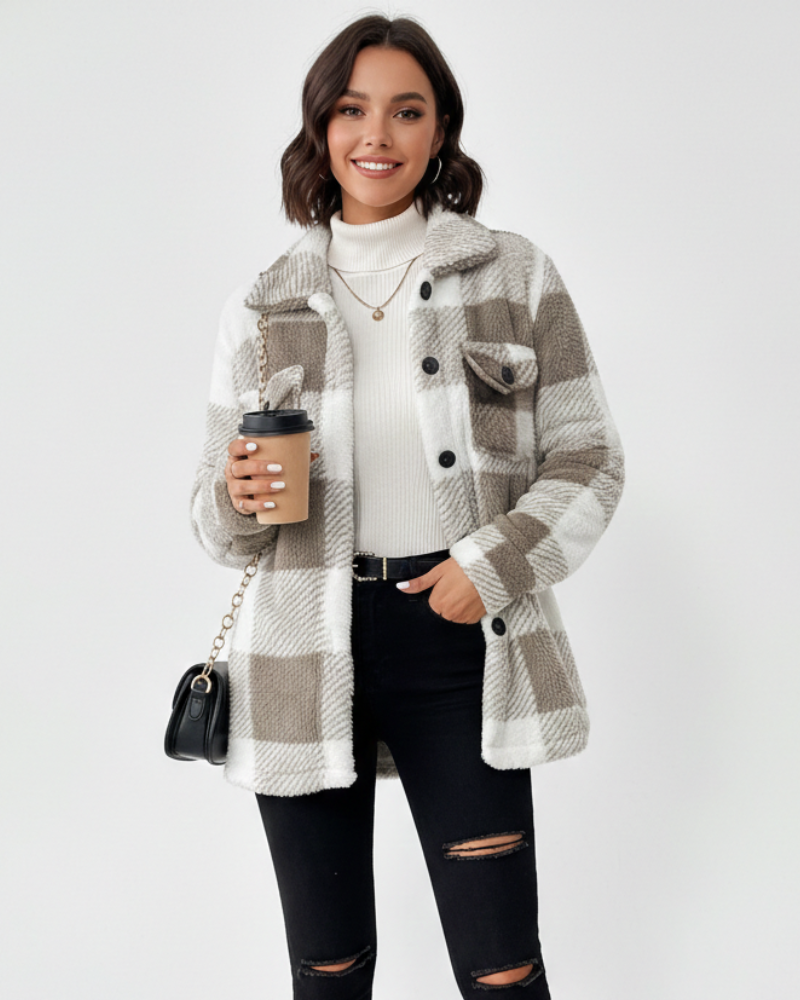 Dione | Mulher Veste Xadrez Peluche Quente Casual