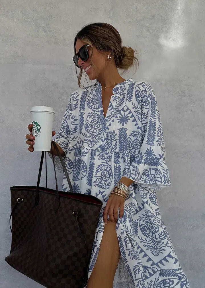 Vestido Longo Feminino Floral Decote em V Boho