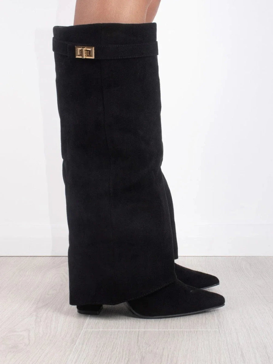 Botas Femininas Joelho Alto | Bico Fino e Salto | Camurça