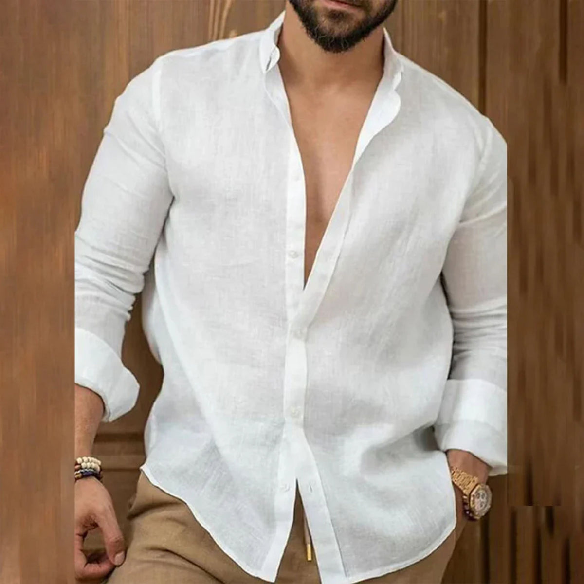 Camisa Masculina Manga Longa Slim com Gola Clássica