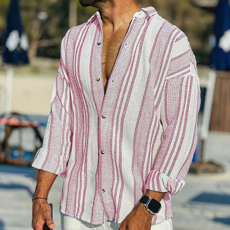 Camisa de Linho | Manga Longa, Listrada, Ajuste Solto