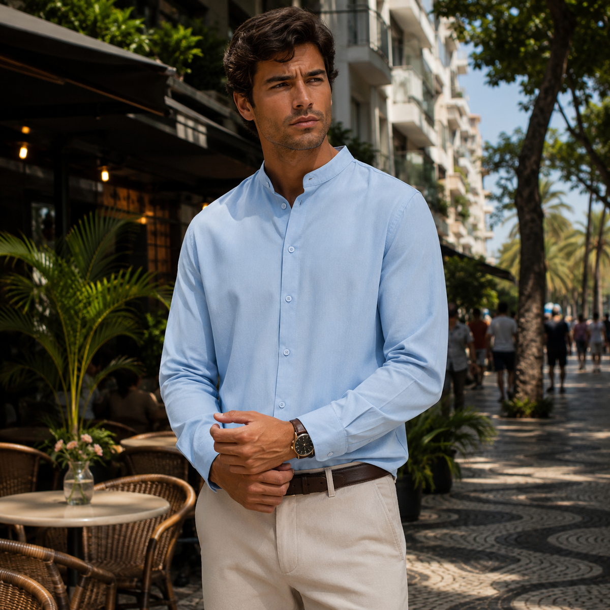 Camisa Masculina Manga Longa Respirável com Botões e Corte Confortável