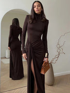 Posy | Vestido Maxi Franzido Gola Alta com Fenda