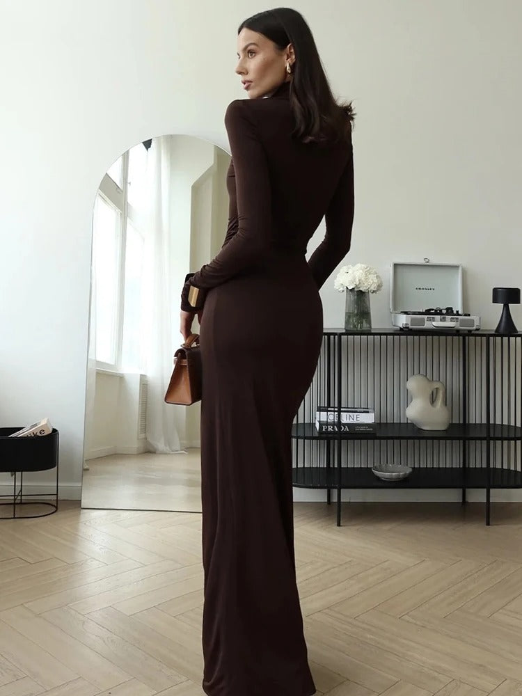 Posy | Vestido Maxi Franzido Gola Alta com Fenda