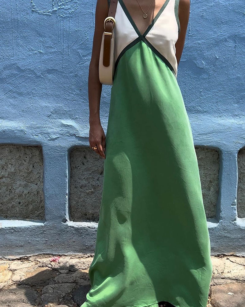 Freya | Vestido Maxi Feminino Decote em V Contraste de Cores