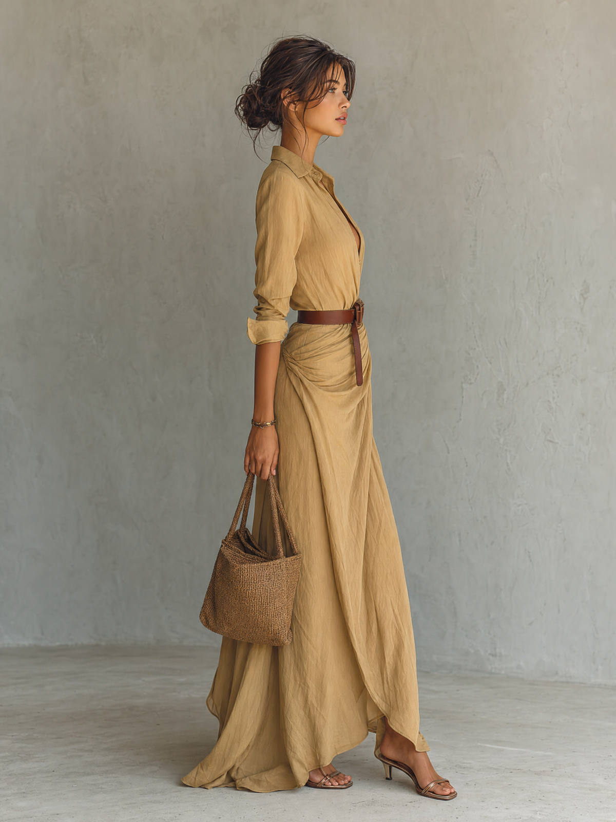 Vestido Maxi Feminino Algodão Manga Longa Colarinho Lapela