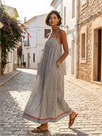 Liora | Vestido Longo Feminino Listrado Alças Finas Minimalista