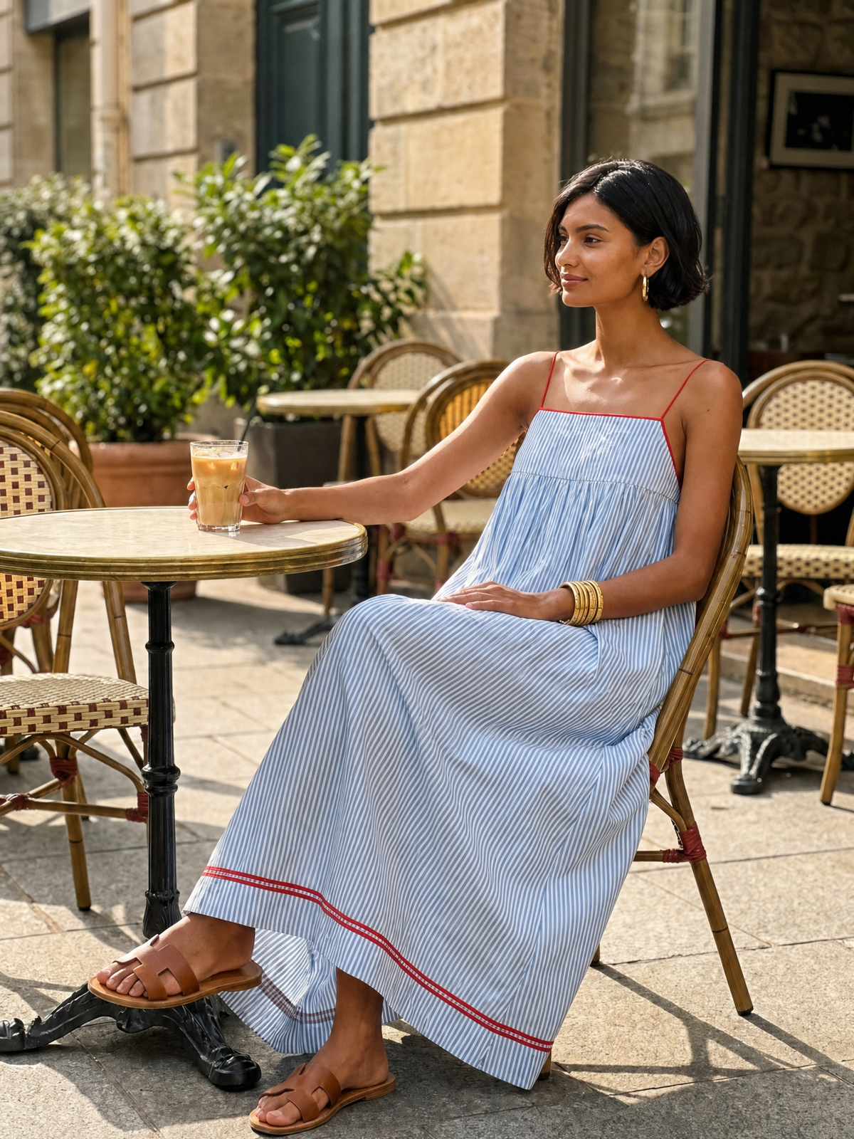 Liora | Vestido Longo Feminino Listrado Alças Finas Minimalista
