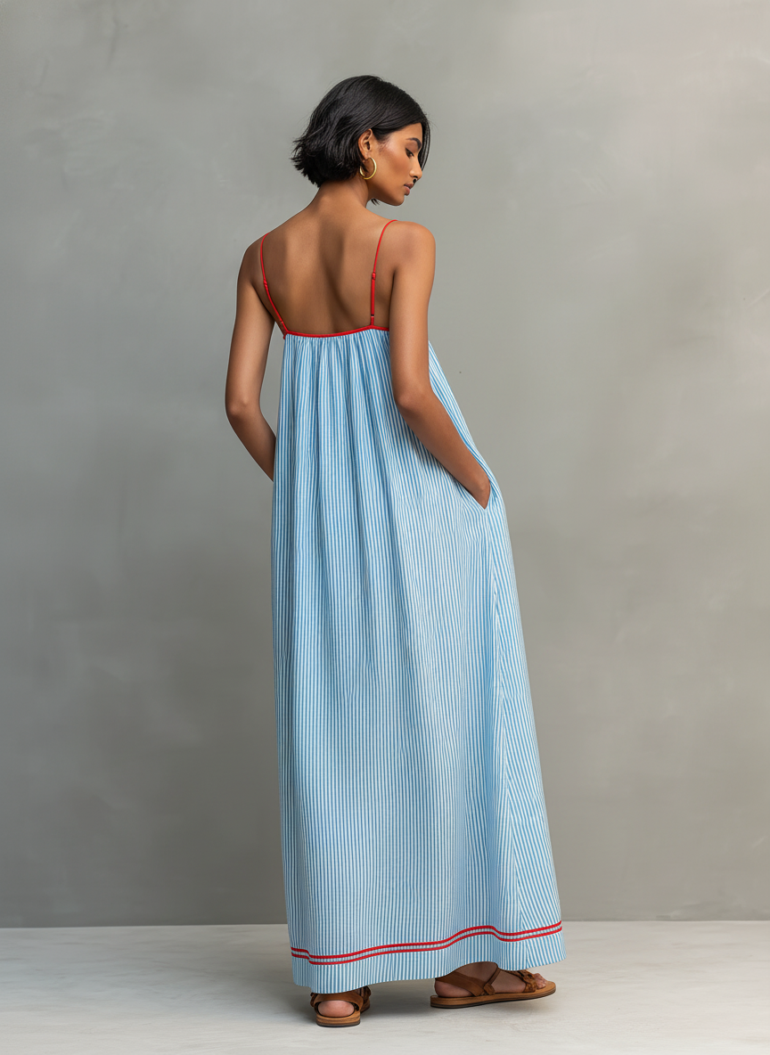 Liora | Vestido Longo Feminino Listrado Alças Finas Minimalista