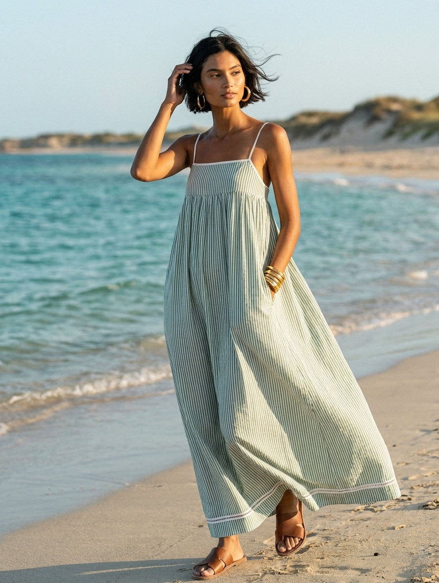Liora | Vestido Longo Feminino Listrado Alças Finas Minimalista