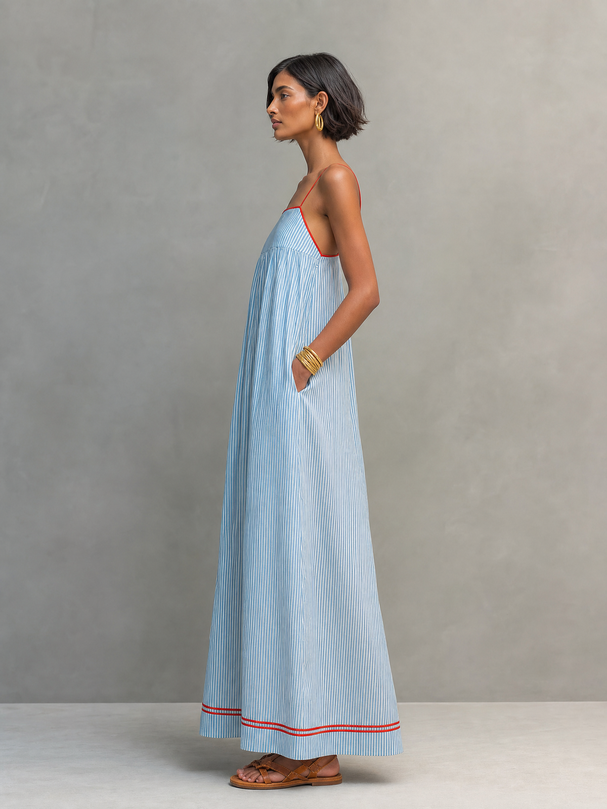 Liora | Vestido Longo Feminino Listrado Alças Finas Minimalista