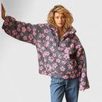 Camisola feminina floral meia abertura manga comprida corte amplo