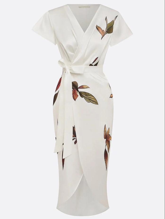 Vestido Envolvente Midi | Cintura com Laço, Mangas Volantes
