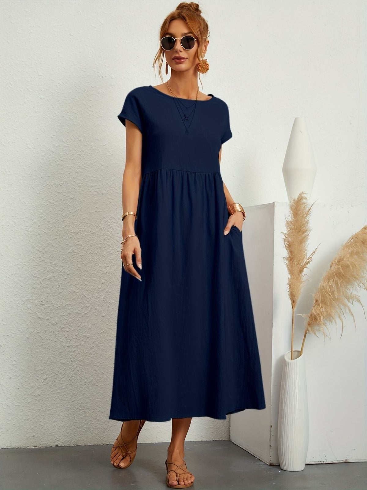 Embla | Vestido Longo Feminino Casual com Bolsos Mangas Curtas