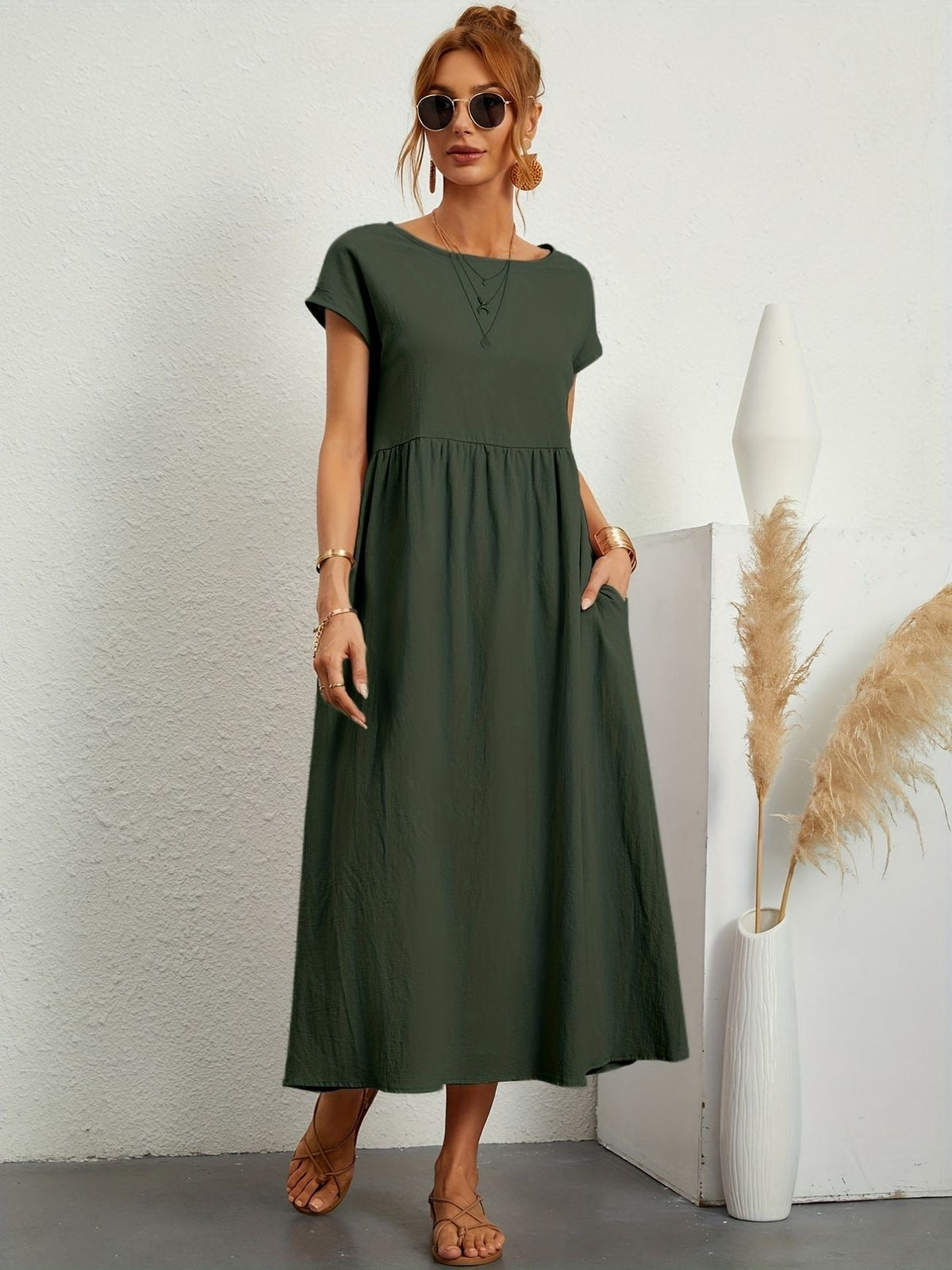 Embla | Vestido Longo Feminino Casual com Bolsos Mangas Curtas