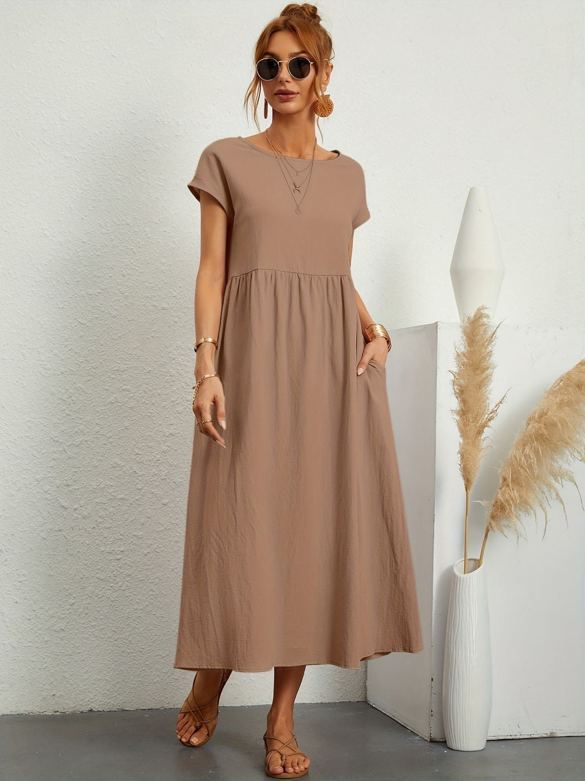 Embla | Vestido Longo Feminino Casual com Bolsos Mangas Curtas