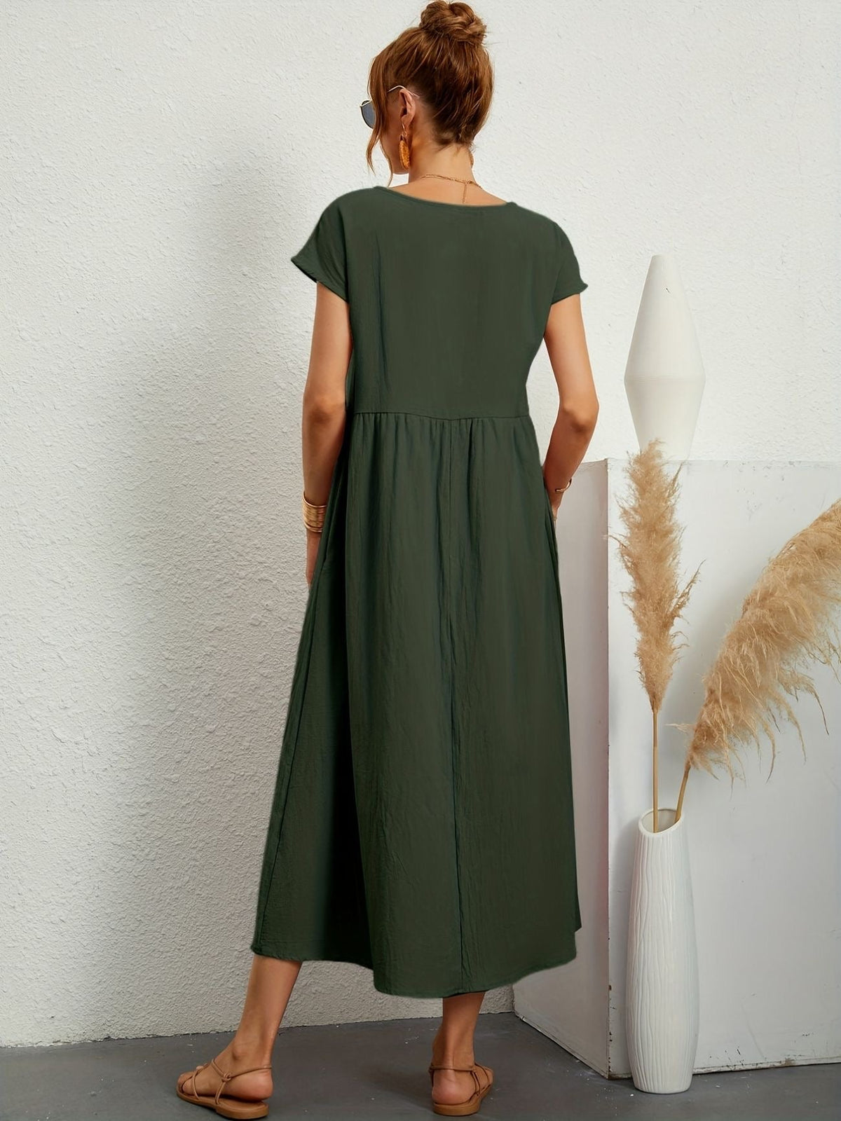 Embla | Vestido Longo Feminino Casual com Bolsos Mangas Curtas