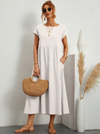 Embla | Vestido Longo Feminino Casual com Bolsos Mangas Curtas