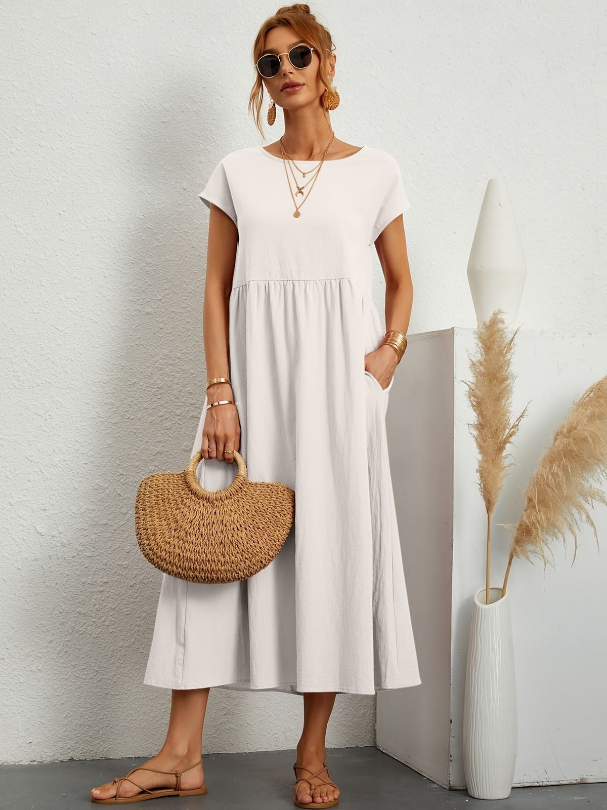Embla | Vestido Longo Feminino Casual com Bolsos Mangas Curtas