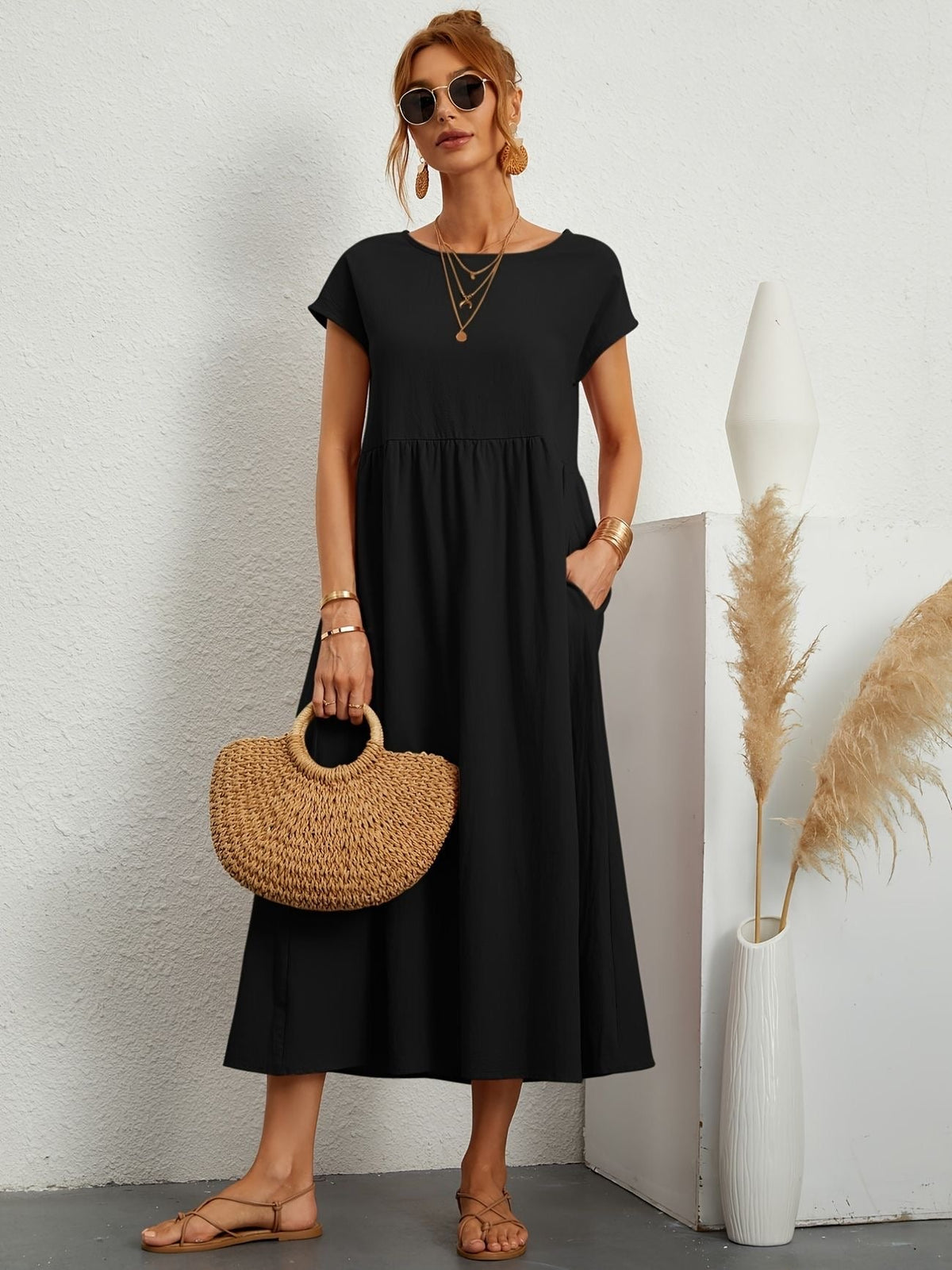 Embla | Vestido Longo Feminino Casual com Bolsos Mangas Curtas