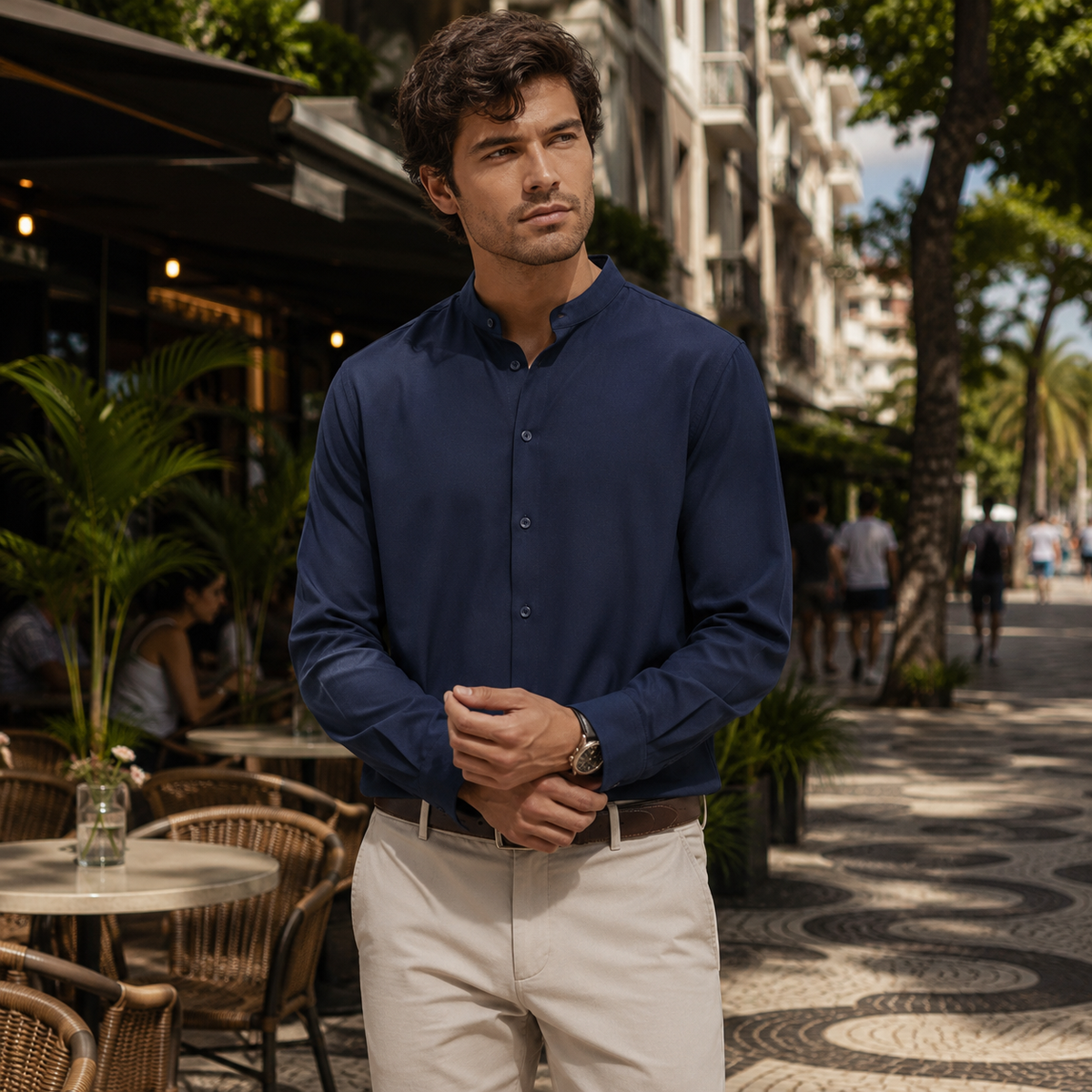 Camisa Masculina Manga Longa Respirável com Botões e Corte Confortável