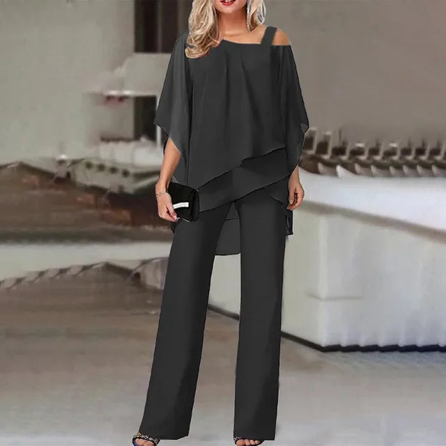 Rhea | Conjunto Feminino Dois Peças | Off-Shoulder, Calça Ajustada | Poliéster