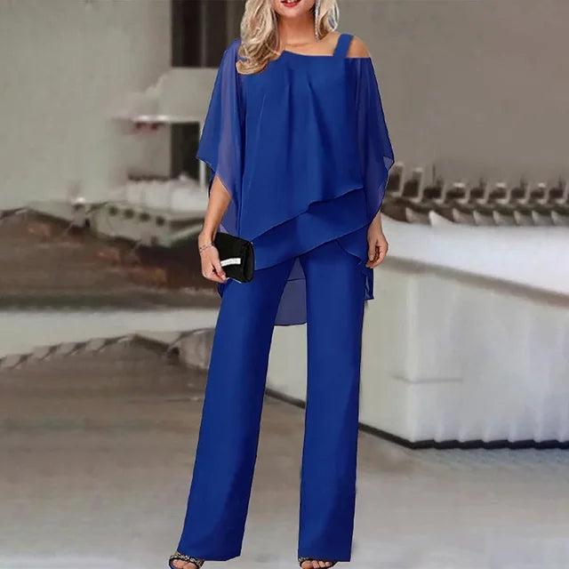 Rhea | Conjunto Feminino Dois Peças | Off-Shoulder, Calça Ajustada | Poliéster